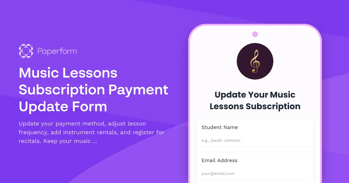 Music Lessons Subscription Payment Update Form