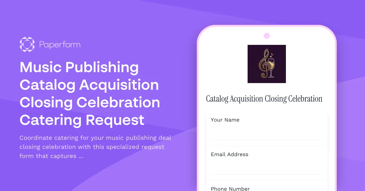 Music Publishing Catalog Acquisition Closing Celebration Catering Request