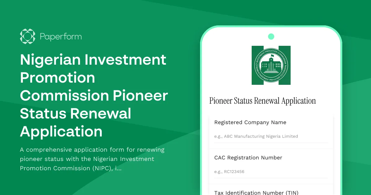 Nigerian Investment Promotion Commission Pioneer Status Renewal Application