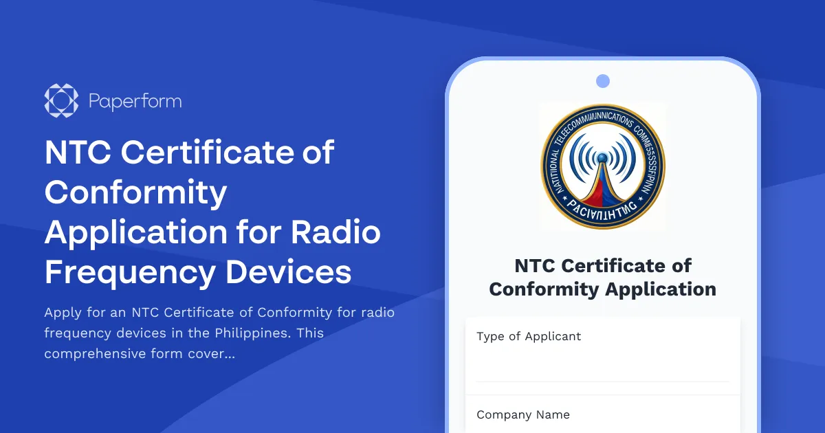NTC Certificate of Conformity Application for Radio Frequency Devices