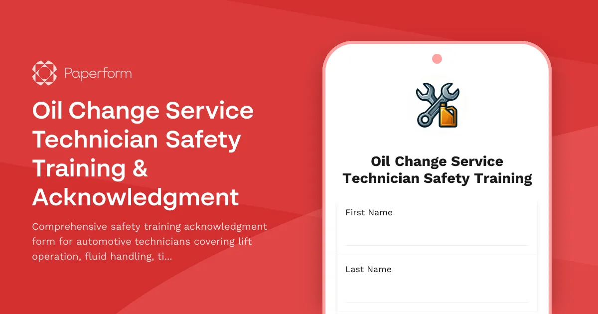 Oil Change Service Technician Safety Training & Acknowledgment