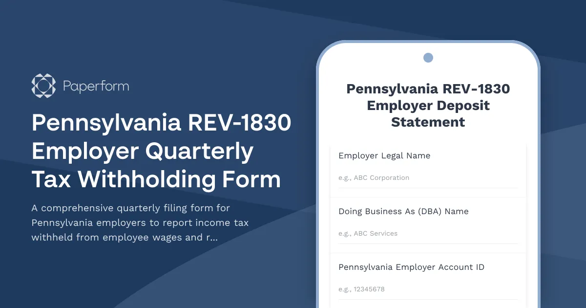 Pennsylvania REV-1830 Employer Quarterly Tax Withholding Form