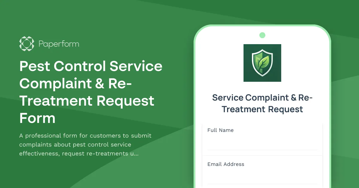 Pest Control Service Complaint & Re-Treatment Request Form