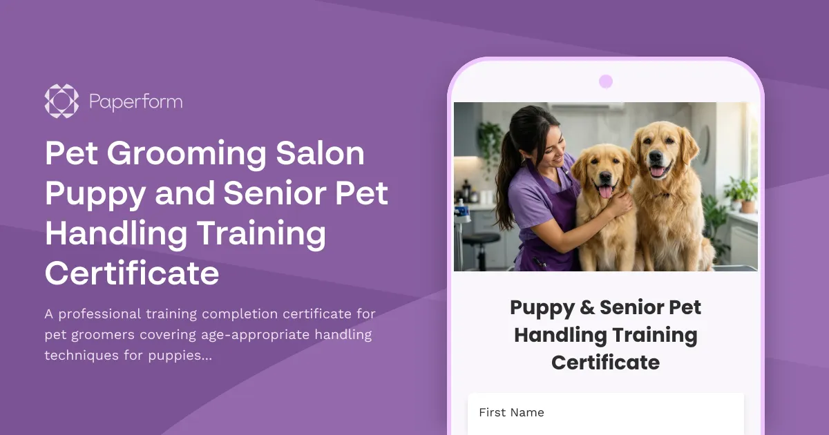 Pet Grooming Salon Puppy and Senior Pet Handling Training Certificate