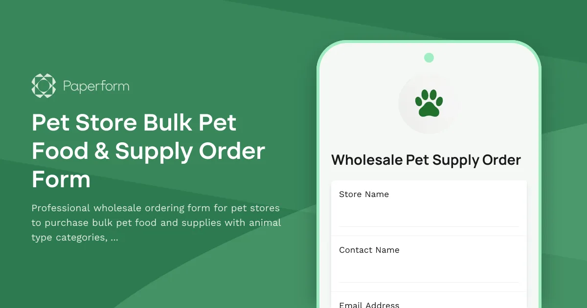 Pet Store Bulk Pet Food & Supply Order Form