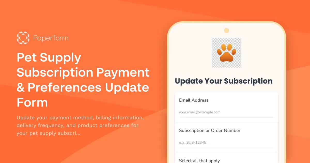 Pet Supply Subscription Payment & Preferences Update Form