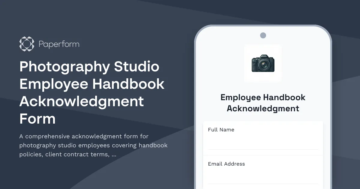 Photography Studio Employee Handbook Acknowledgment Form