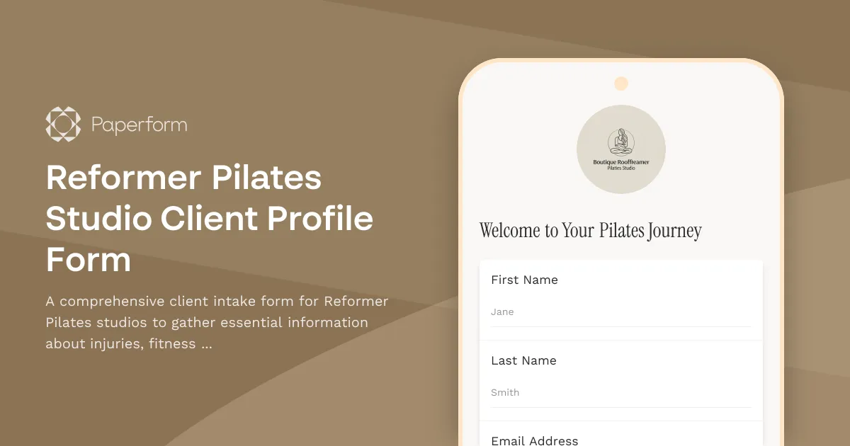 Reformer Pilates Studio Client Profile Form