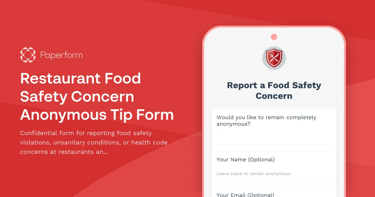 Restaurant Food Safety Concern Anonymous Tip Form