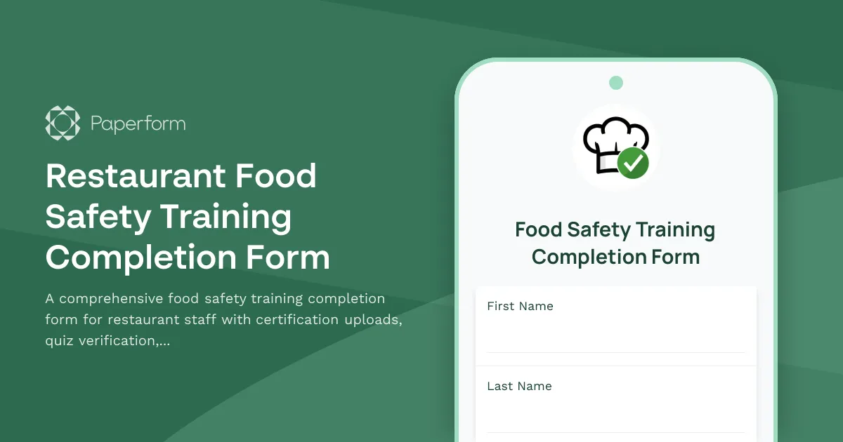Restaurant Food Safety Training Completion Form
