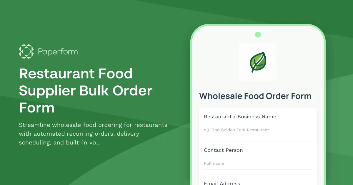 Restaurant Food Supplier Bulk Order Form