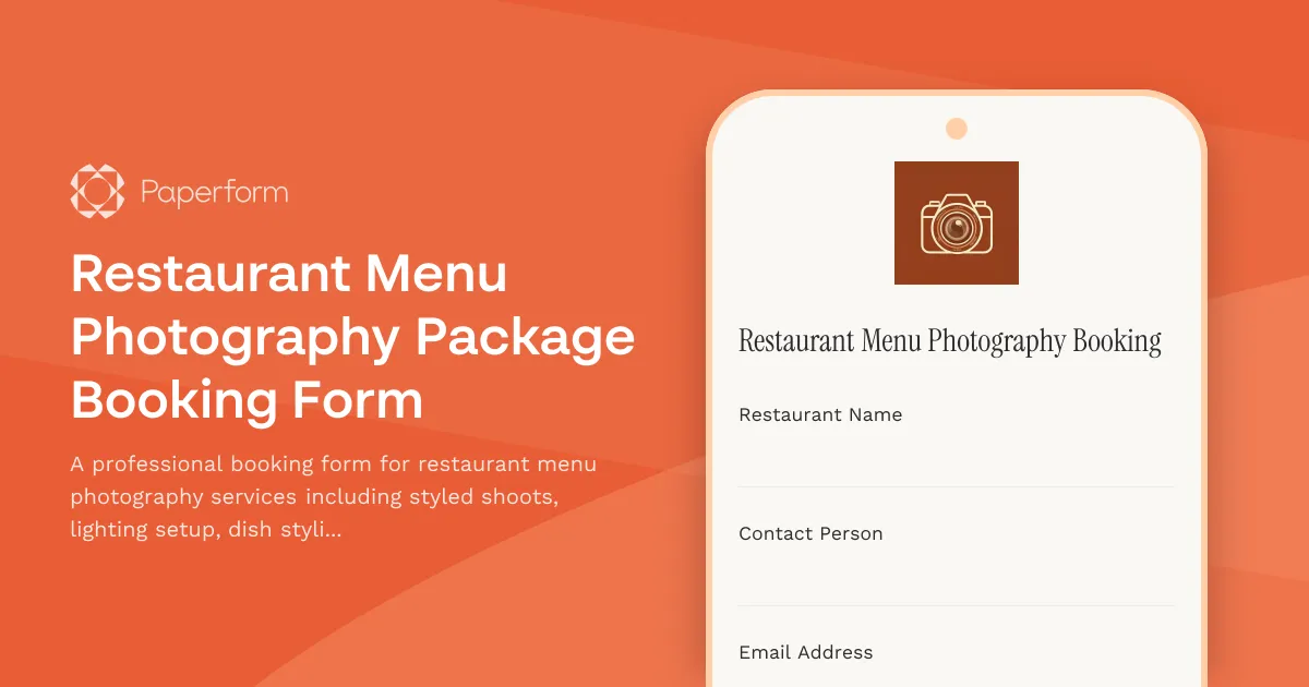 Restaurant Menu Photography Package Booking Form