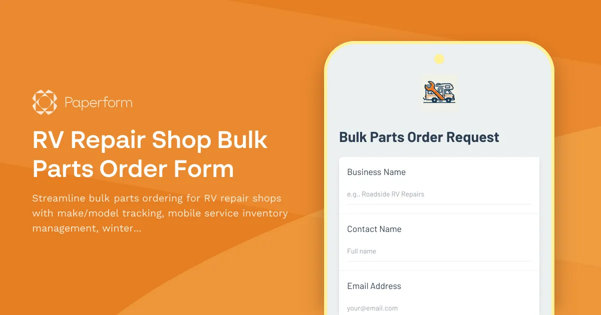 RV Repair Shop Bulk Parts Order Form