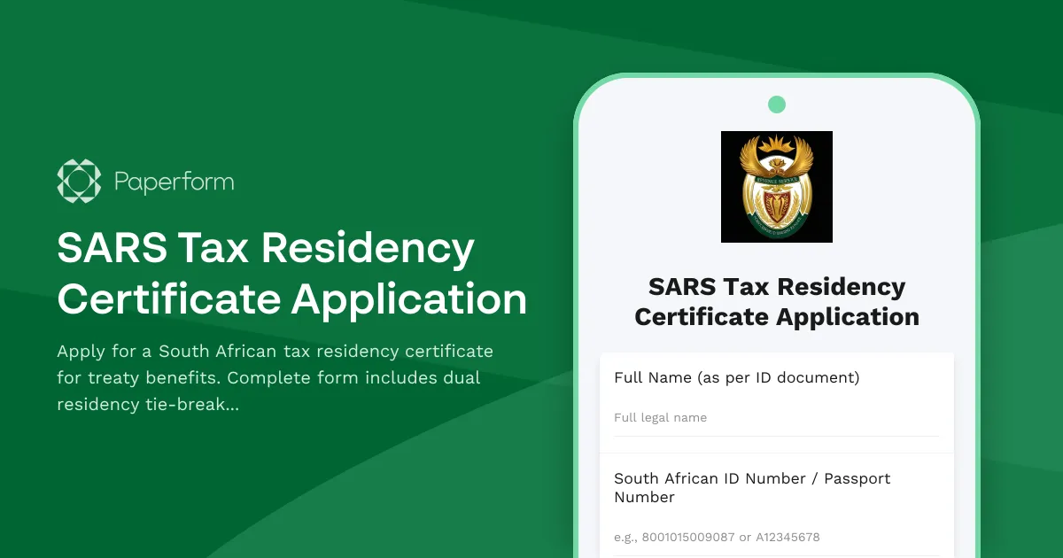 SARS Tax Residency Certificate Application