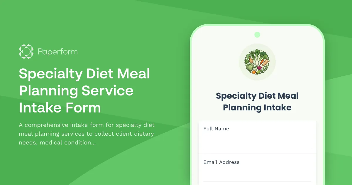 Specialty Diet Meal Planning Service Intake Form
