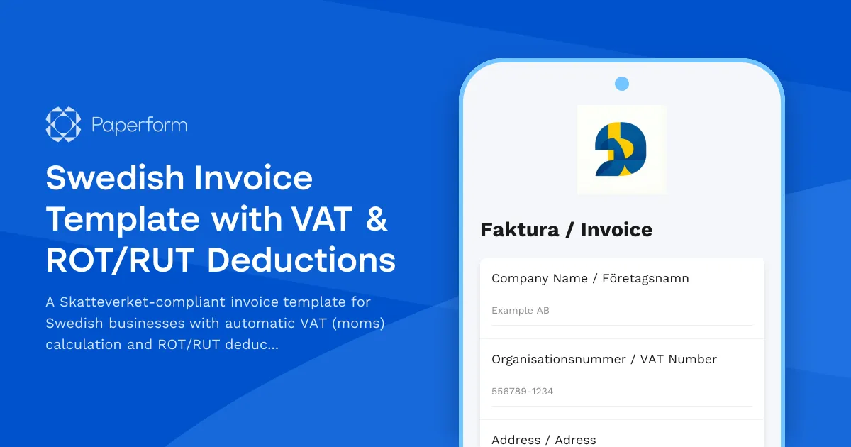 Swedish Invoice Template with VAT & ROT/RUT Deductions