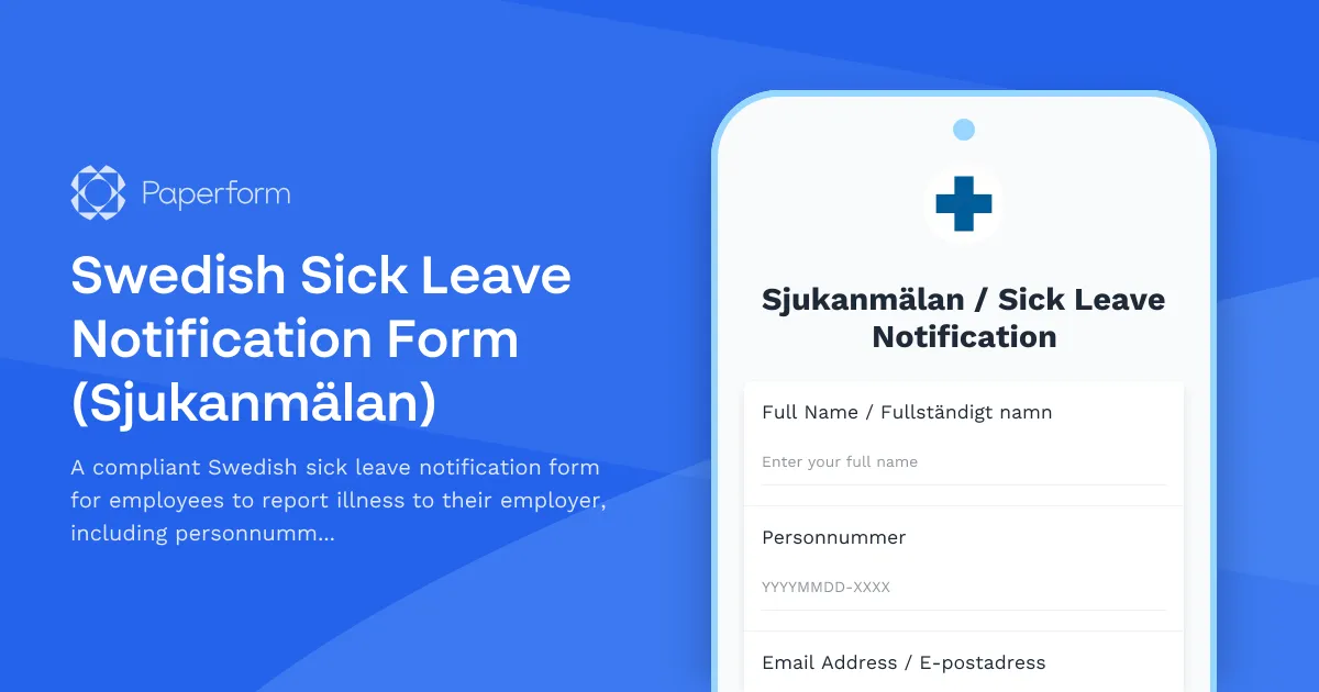 Swedish Sick Leave Notification Form (Sjukanmälan)