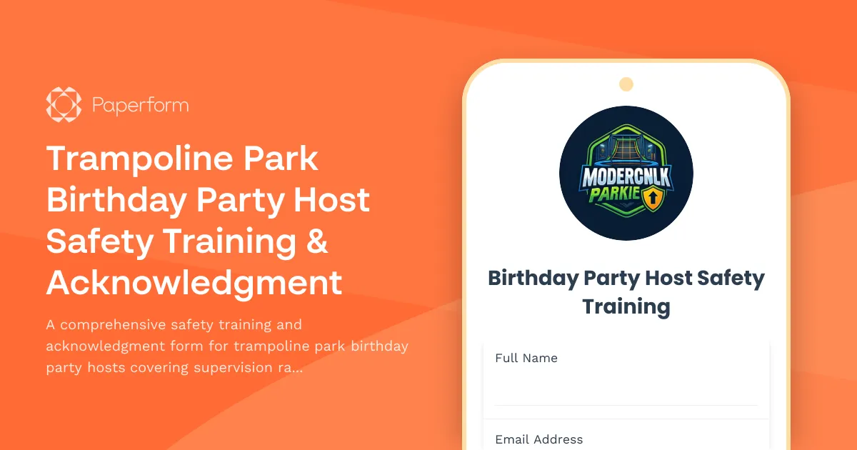 Trampoline Park Birthday Party Host Safety Training & Acknowledgment
