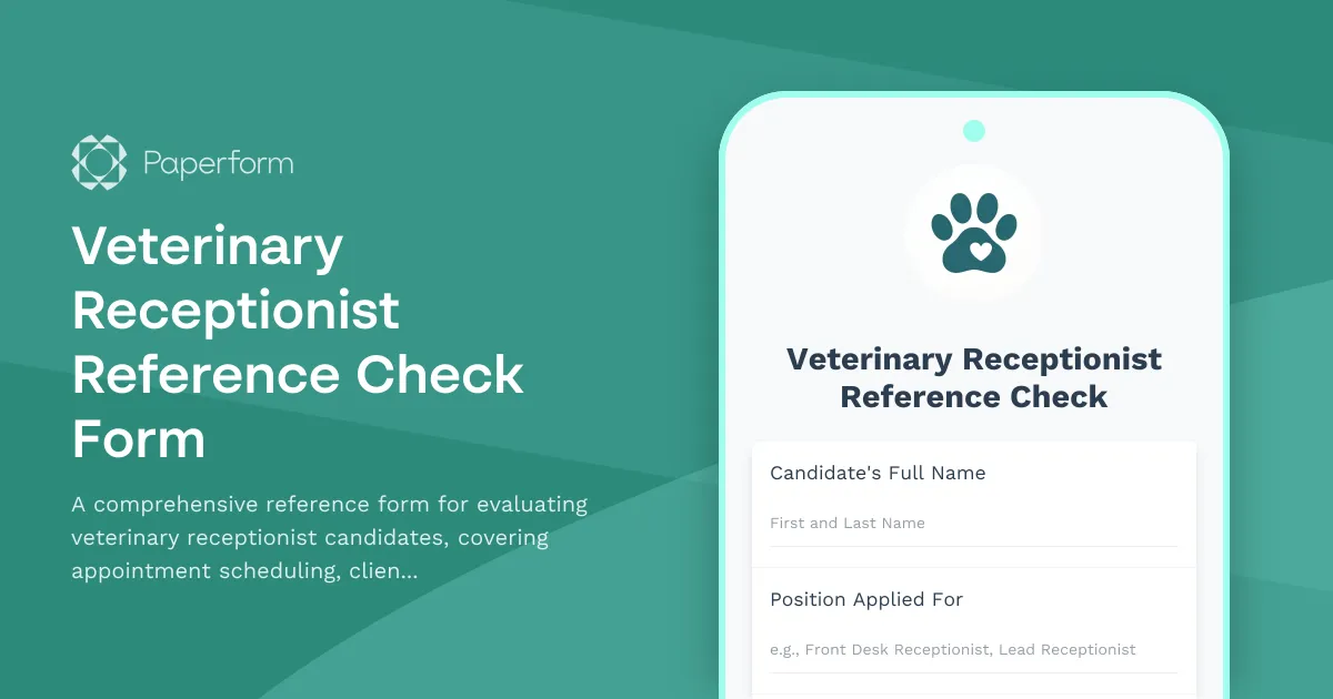 Veterinary Receptionist Reference Check Form