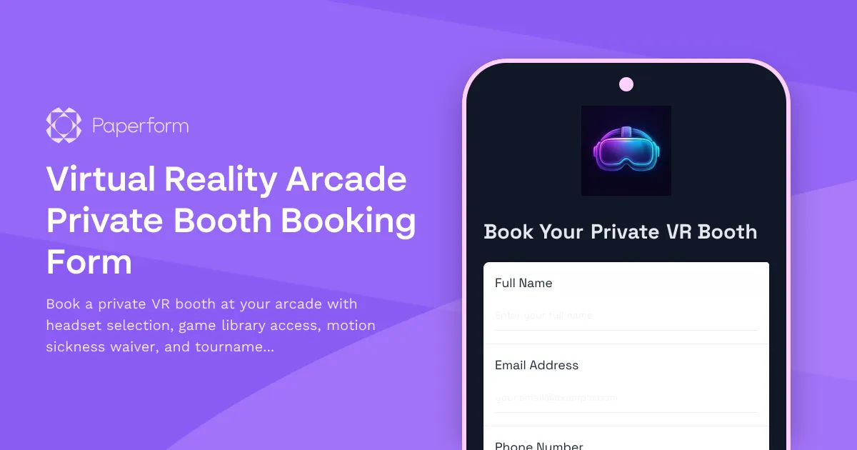 Virtual Reality Arcade Private Booth Booking Form