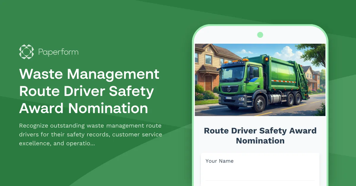 Waste Management Route Driver Safety Award Nomination