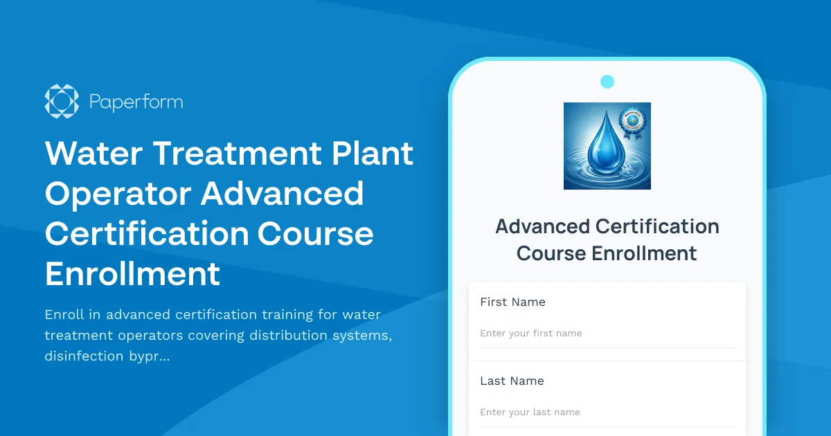 Water Treatment Plant Operator Advanced Certification Course Enrollment