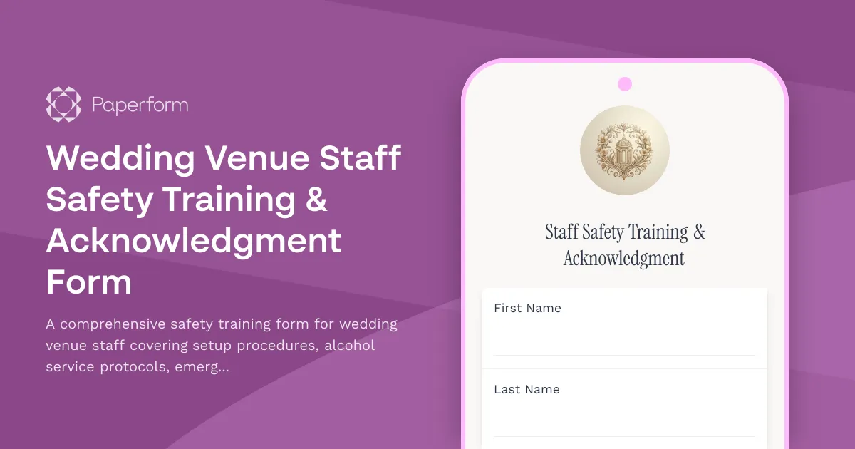 Wedding Venue Staff Safety Training & Acknowledgment Form