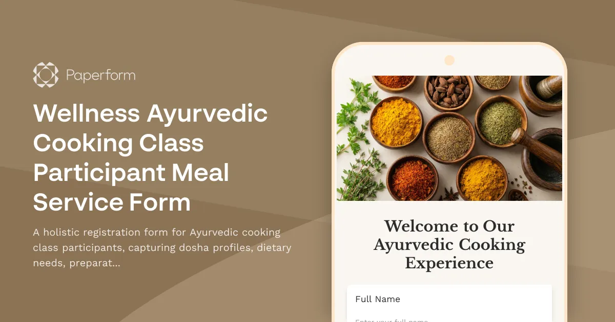 Wellness Ayurvedic Cooking Class Participant Meal Service Form