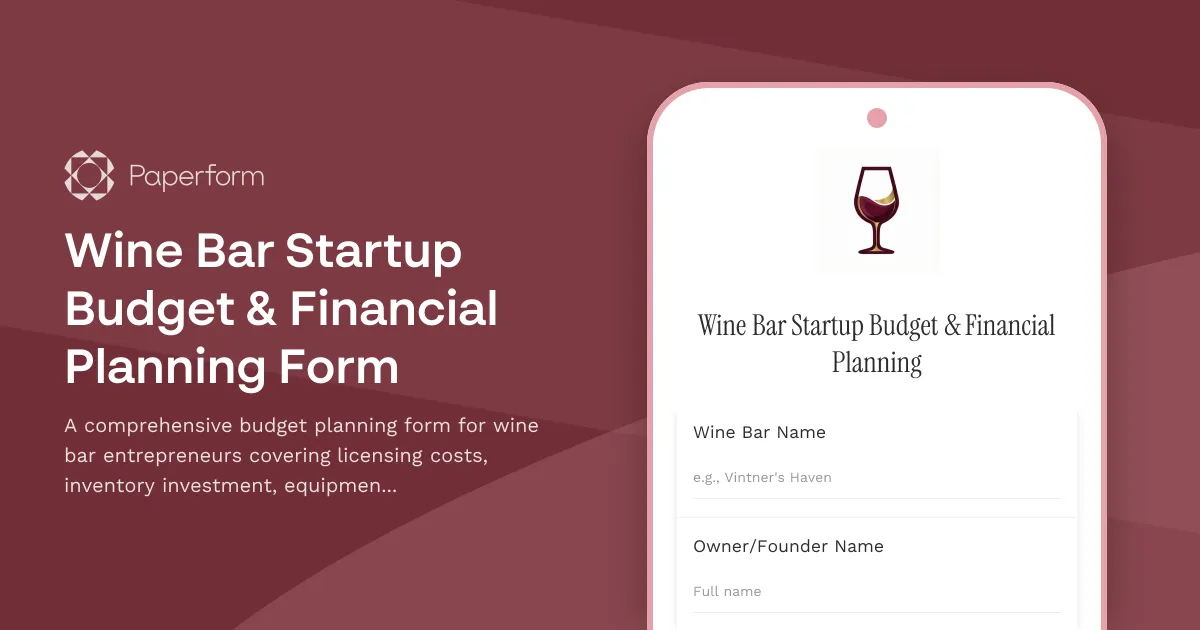 Wine Bar Startup Budget & Financial Planning Form