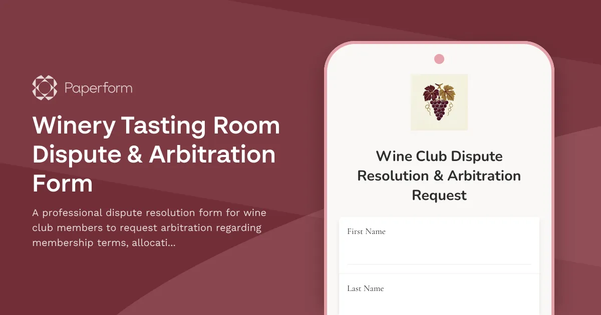 Winery Tasting Room Dispute & Arbitration Form