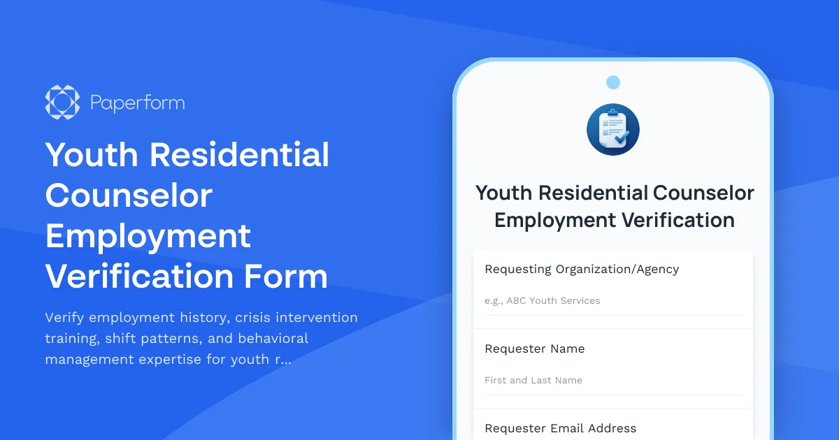 Youth Residential Counselor Employment Verification Form