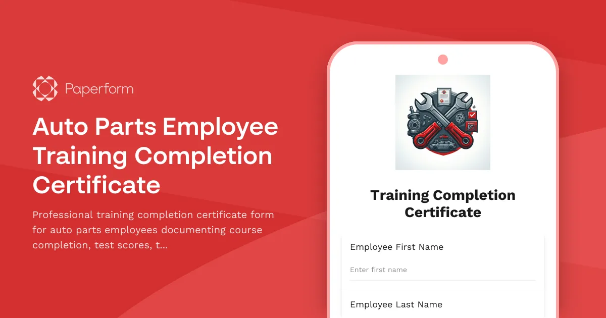 Auto Parts Employee Training Completion Certificate
