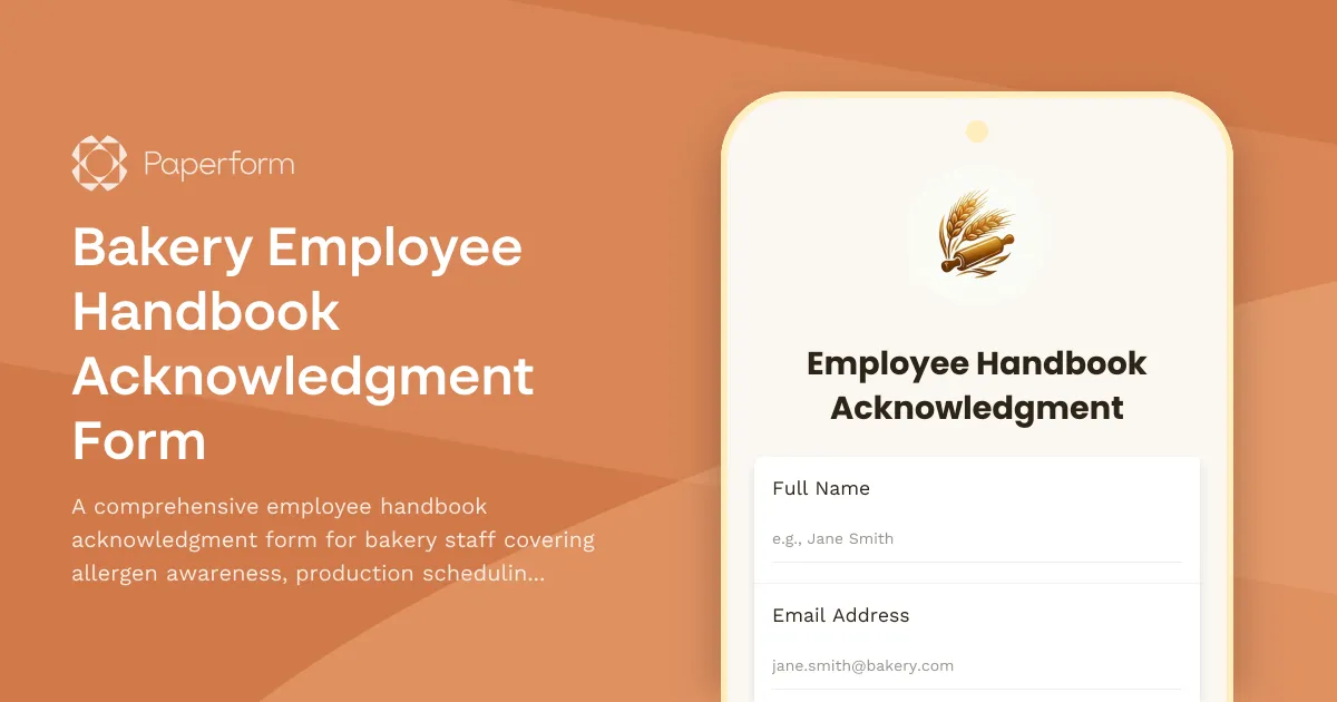 Bakery Employee Handbook Acknowledgment Form