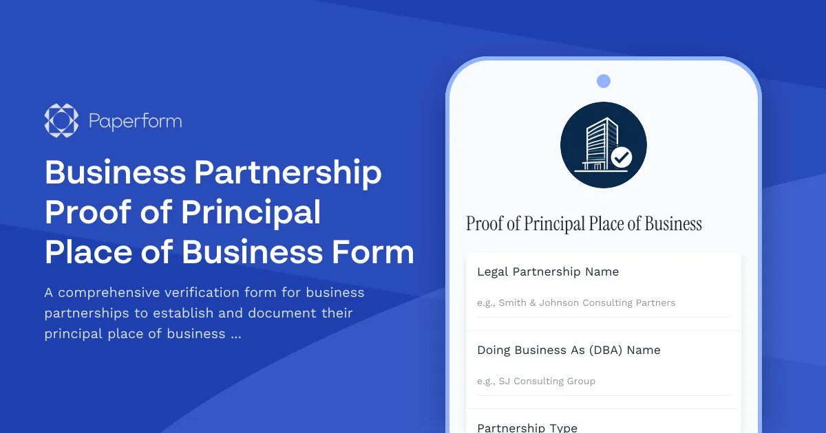 Business Partnership Proof of Principal Place of Business Form
