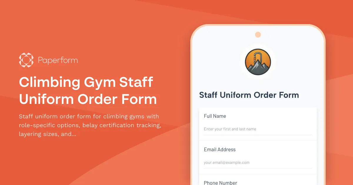 Climbing Gym Staff Uniform Order Form