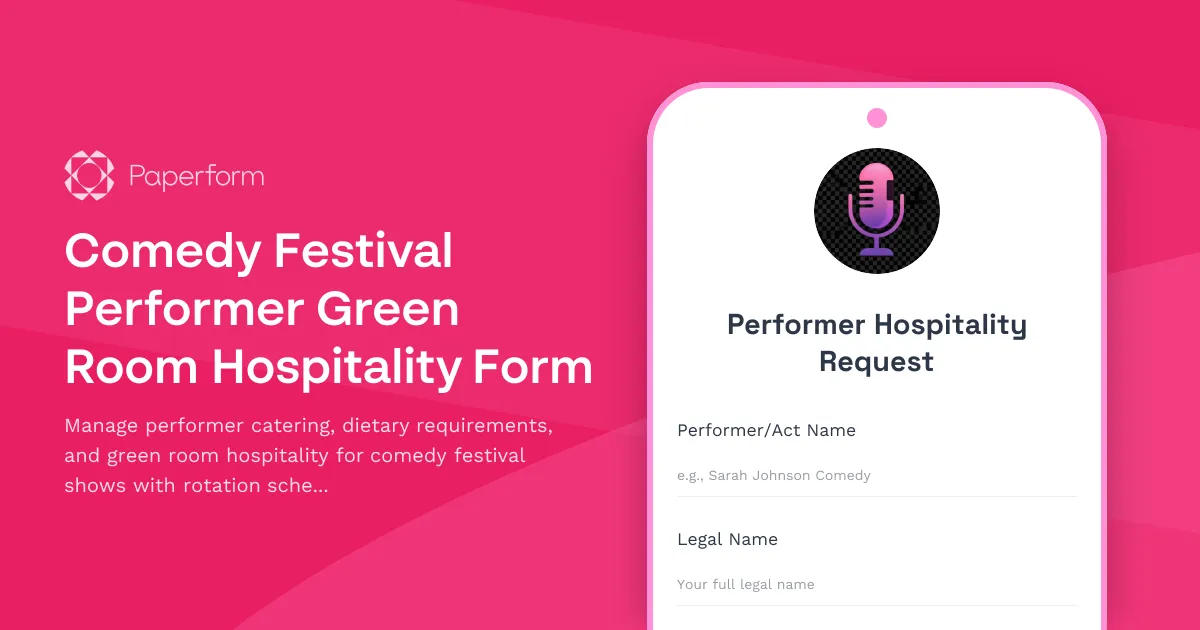 Comedy Festival Performer Green Room Hospitality Form