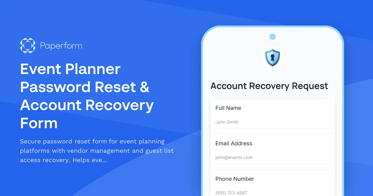 Event Planner Password Reset & Account Recovery Form