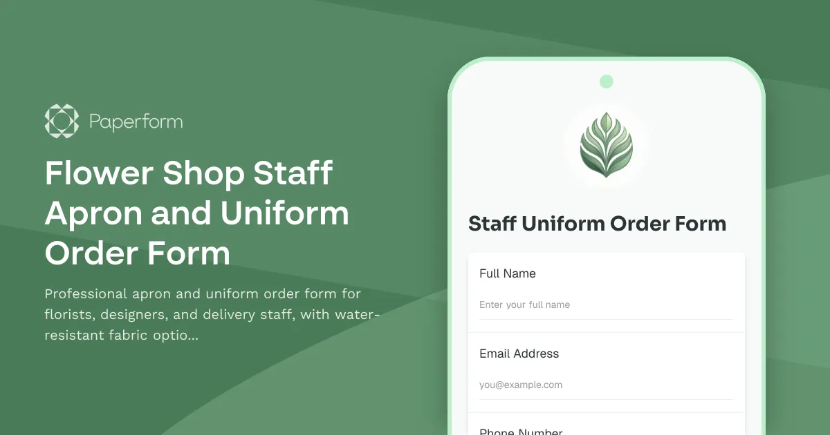 Flower Shop Staff Apron and Uniform Order Form