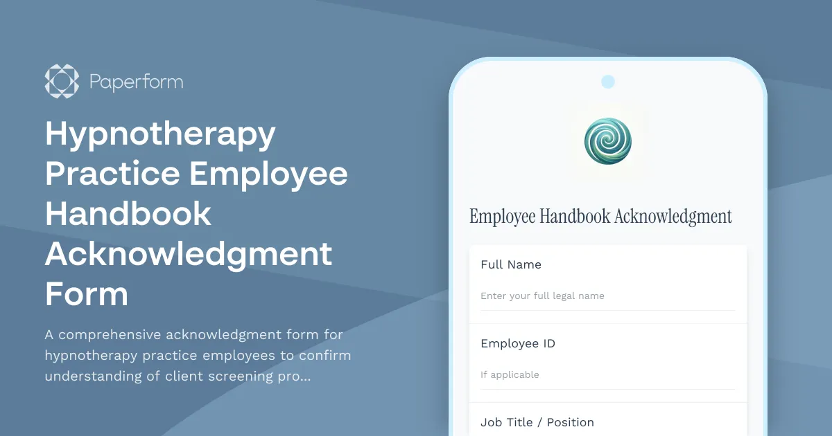 Hypnotherapy Practice Employee Handbook Acknowledgment Form