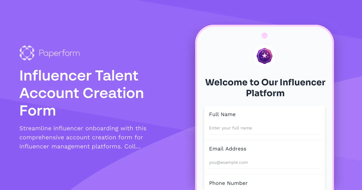 Influencer Talent Account Creation Form