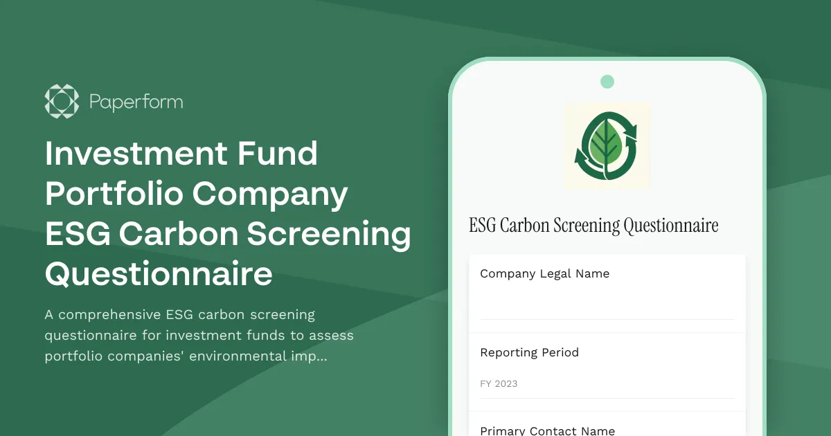 Investment Fund Portfolio Company ESG Carbon Screening Questionnaire