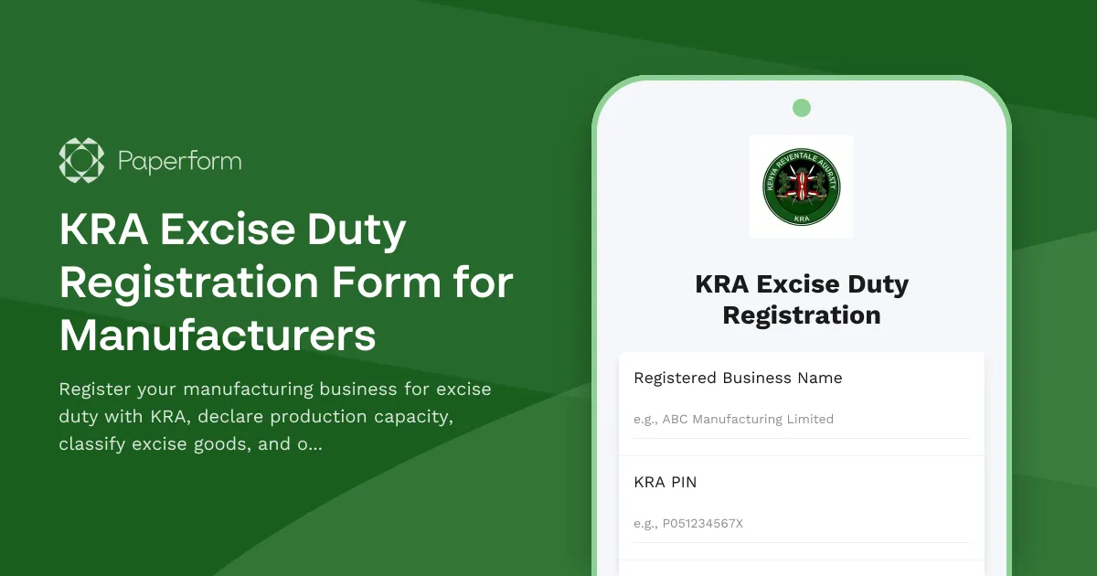 KRA Excise Duty Registration Form for Manufacturers
