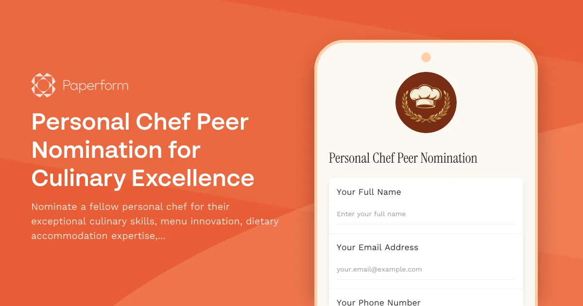 Personal Chef Peer Nomination for Culinary Excellence