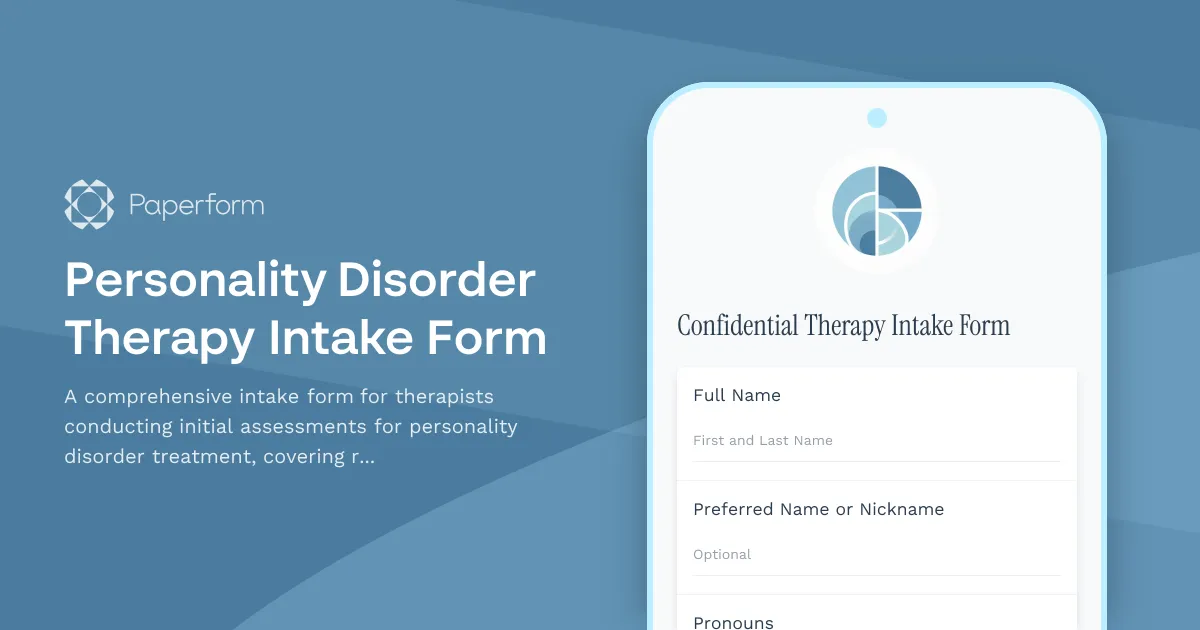 Personality Disorder Therapy Intake Form