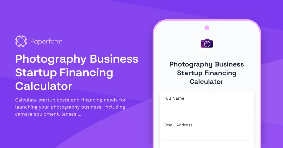 Photography Business Startup Financing Calculator