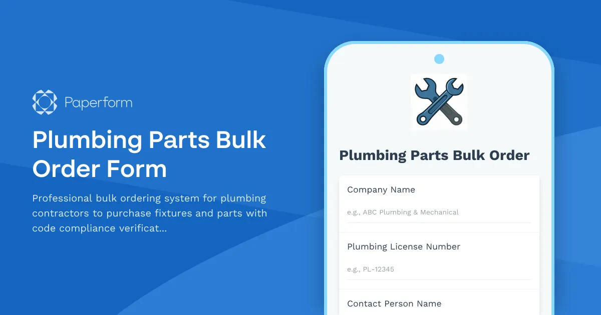 Plumbing Parts Bulk Order Form