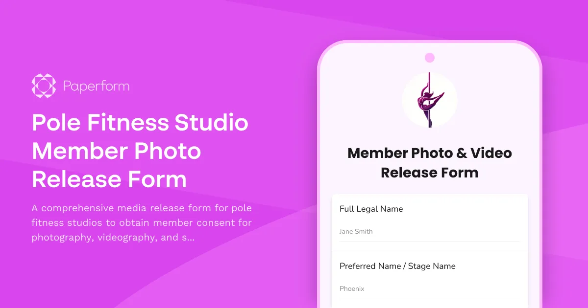 Pole Fitness Studio Member Photo Release Form