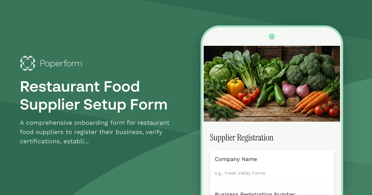 Restaurant Food Supplier Setup Form