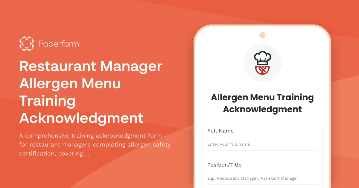 Restaurant Manager Allergen Menu Training Acknowledgment