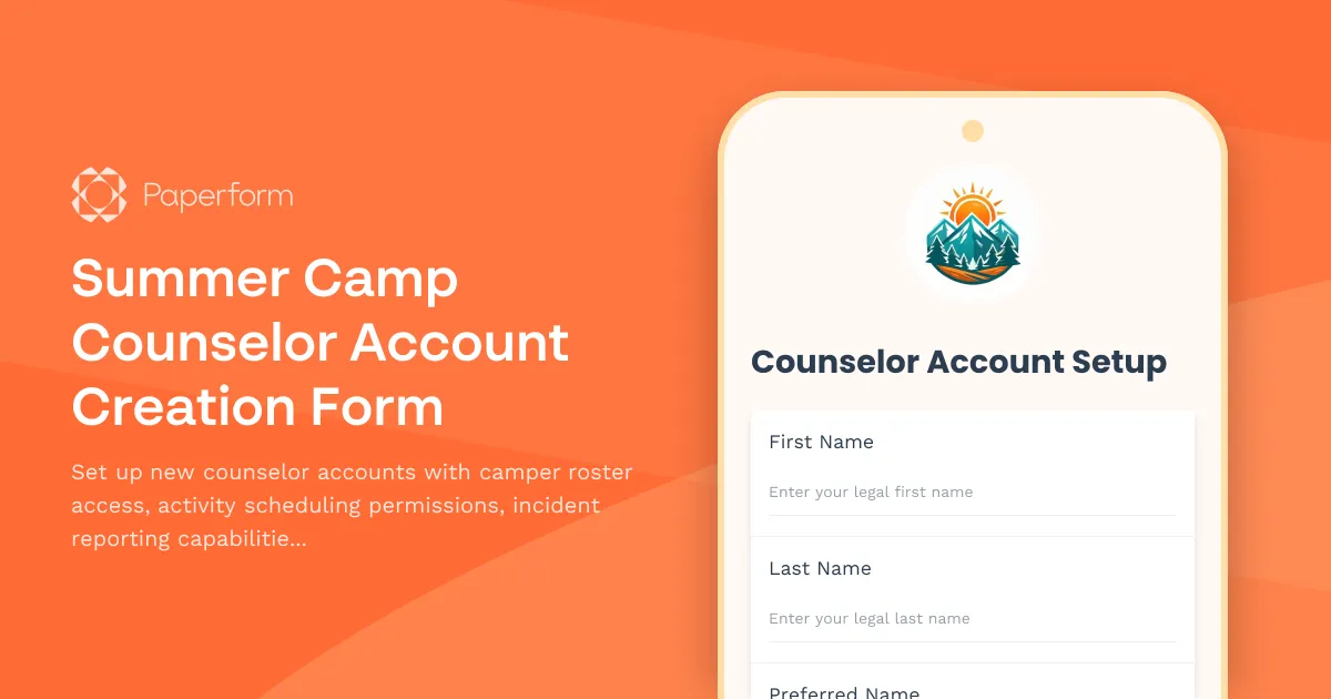 Summer Camp Counselor Account Creation Form